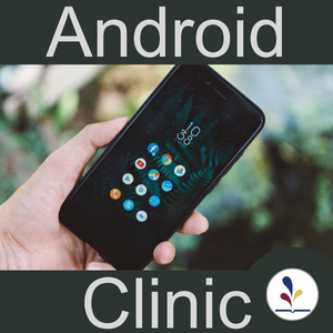 Hand holding a smartphone with text, "Android Clinic"