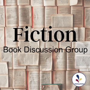 Open books as background to text, "Fiction Book Discussion Group"