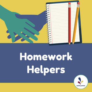 Cartoon hands with a notebook and pencils with text, "Homework Helpers"