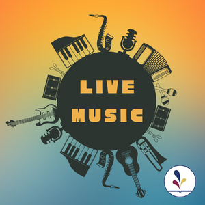 Silhouettes of instruments around a circle with the words "live music" inside