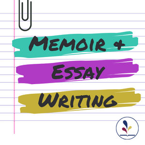 Notebook paper with a paper clip and text, "Memoir + Essay Writing"