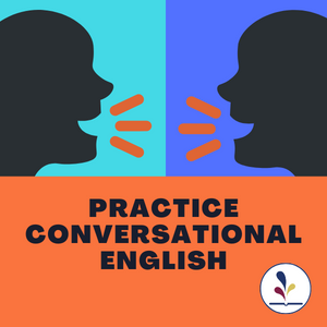 two profile silhouettes talking to each other with text, "Practice Conversational English"