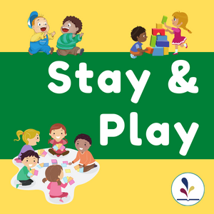 Groups of cartoon children playing with text, "Stay and Play"