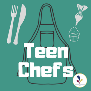 cartoon apron with food, cutlery, and text reading "Teen Chefs"