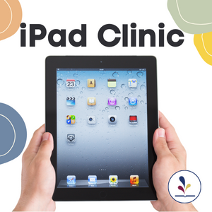 Hands holding an iPad with text, "iPad Clinic"
