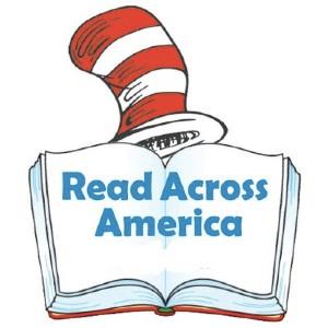 Cat in the Hat's hat on a book with text, "Read Across America"