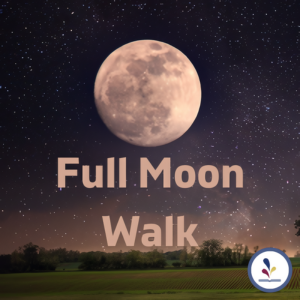Full moon over trees and grass with text, "Full Moon Walk"
