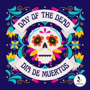 Traditional Dia de Muertos skull decorated with bright flowers 