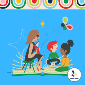 graphic of woman reading picture book to two children; sitting on an open book