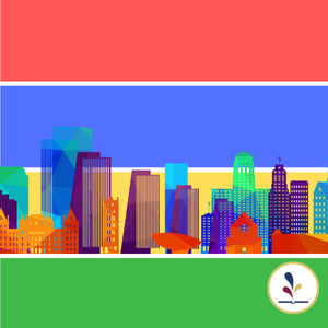 colorful graphic of city skyline
