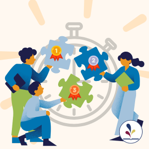 Graphic of three people with puzzle piece, prize ribbons 1st, 2nd, 3rd, stopwatch in background
