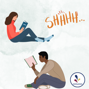 two people reading with decorative text shhhh