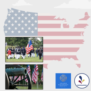 Civil war soldiers, cannon, graphic of shape of US as an American Flag