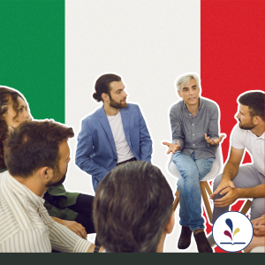 Adults conversing with italian flag graphic in background