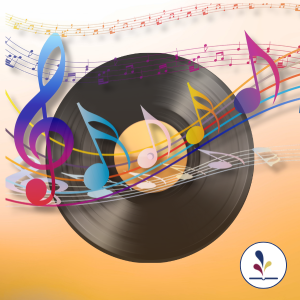 Music note graphics with vinyl record in background
