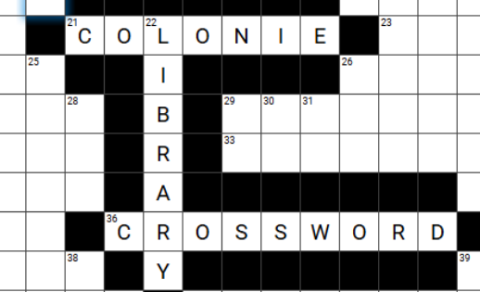 Crossword template with the words Colonie, library, and crossword filled in