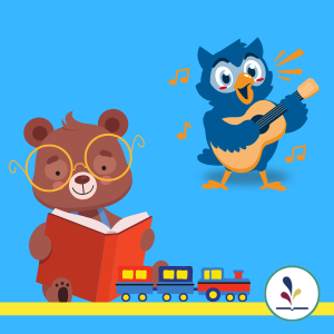 Cartoon drawing of owl playing guitar, bear wearing glasses reading a book, toy train