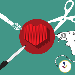 Graphics of a paintbrush, scissors, pen, glue gun; graphic of red heart made of yarn