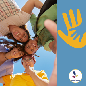 Group of teens looking down at camera with graphic of large hand holding small hand