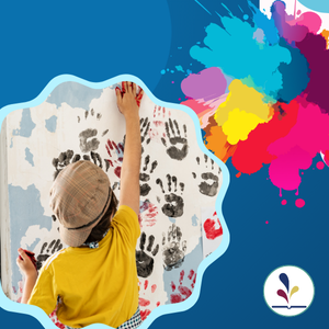 Young person paiting handprints on a wall; paint splotches