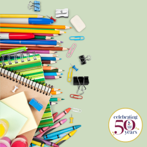 Assortment of colored pencils, paper clips, notebooks, tacks, paints, eraser, binder clips