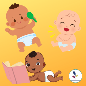 Graphic of baby with rattle, baby laughing, baby reading a book