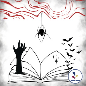 Graphic of open book with hand coming out of pages, bats flying, spider on single thread