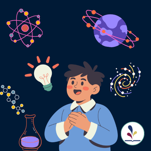 Science-related symbols and child showing amazement with lightbulb overhead