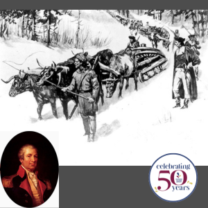 Drawing of man leading oxen while they pull a heavy load; Continental army soldiers walking and watching; portrait of Henry Knox