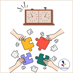 Graphic 4 hands holding jigsaw pieces and chess stopclock 