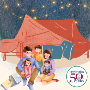 Graphic of family sitting in front of a blanket fort with books and star lights above
