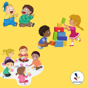 Graphics of two children chasing eachother, two children playing with blocks, a group of children on a blanket playing a game