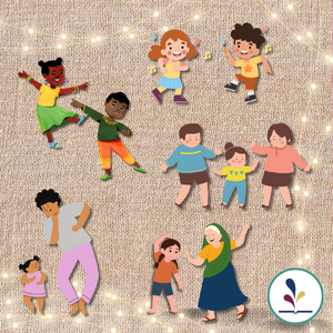 Graphics of multicultural children and adults dancing