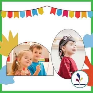 Two preschool-aged children holding up numbers; a preschool-aged child wearing an animal headband and smiling; decorative banner of flags