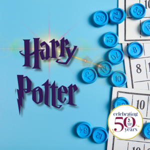 Bingo card and chips; decorative text "Harry Potter"