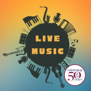 Decorative text "Live Music"