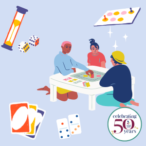 Graphic of three people playing board game together; board game pieces in background