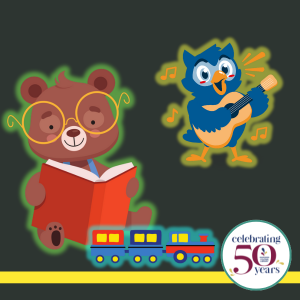 Graphics of bear wearing glasses and reading a book, an owl playing guitar, a toy train; all glowing in the dark