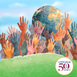 Painting of many colored hands holding up Earth
