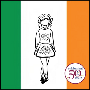 Graphic of flag of Ireland and outline of girl in traditional dance clothing