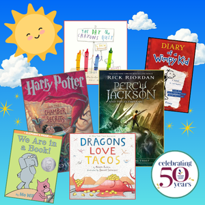 Book covers of Harry Potter Chamber of Secrets, Percy Jackson and the Olympians, Diary of a Wimpy Kid, The Day the Crayons Quit, We Are In A Book, Dragons Love Tacos; sky, clouds and sun behind