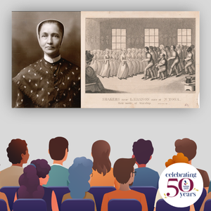 Graphic of audience looking photograph of Ann Lee and lithiograph of Shakers dancing