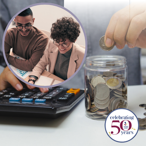 Man and woman smiling while working on paperwork, background image of person using calculator and putting coins in a jar