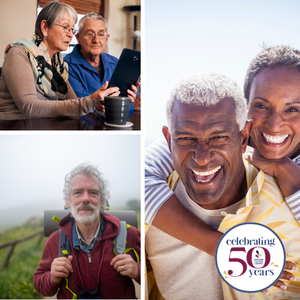 Senior couple smiling, senior couple looking at tablet, senior man hiking with backpack