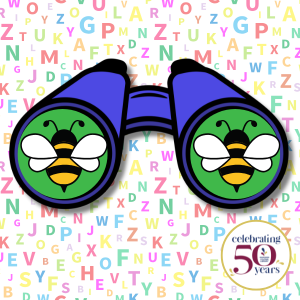 Magnifying glasses with bee image in viewers, background of letters