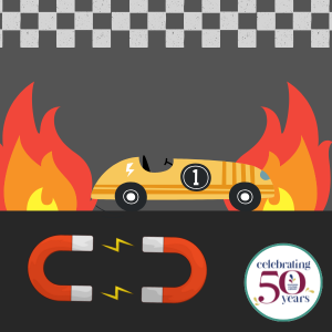 Graphic of toy racing car, flames, two magnets opposing eachother