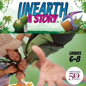 Teens looking down at camera with heads together, decorative graphics