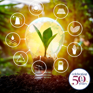 Small plant inside lightbulb with graphics of solar power, renewable, water, sun, leaves, corn, gas pump, wind turbines, oil drilling