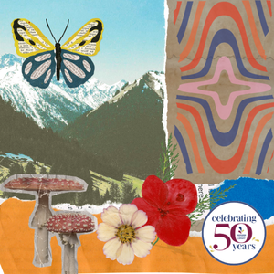 Paper images of flowers, butterlfy, mushrooms, mountains, colors to create a collage