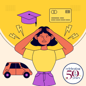 Graphic of  upset person holding their head with ligtening bolts, car, graduation cap, credit card